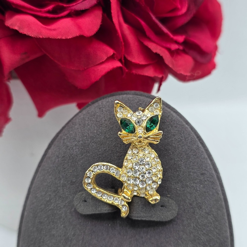 Gold Tone Cat Brooch Rhinestone Green Eye Pin Vintage Animal Jewelry‎ Kitty